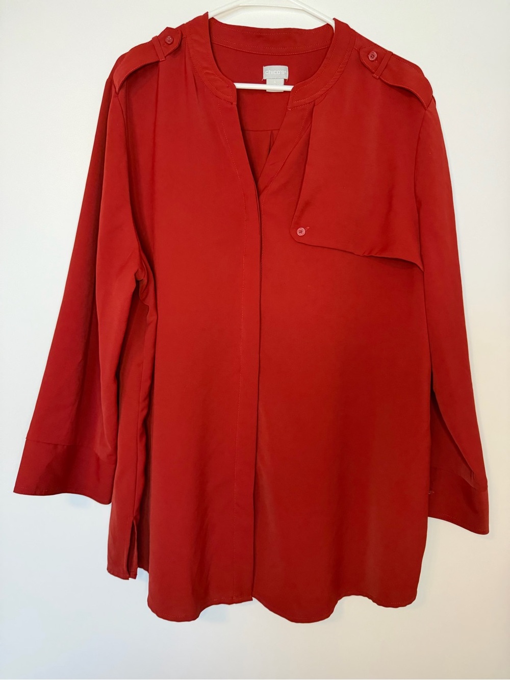 Chico's Red Long Sleeve V-Neck Tunic with Epaulets